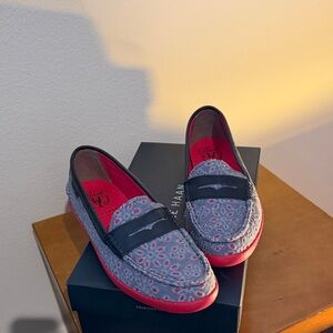 Cole Haan Chambray Denim Eyelet Loafers with Pink Soles